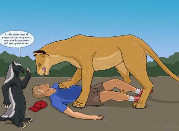 animal_genitalia badger balls blue_eyes brown_eyes bulge clothed clothing dialogue dominant dominant_female dominant_feral english_text felid female feral fully_clothed fully_sheathed genitals group hand_on_chest hi_res human imminent_bestiality imminent_sex lion lying male male_human/female_feral mammal mdogo mustelid musteline on_back on_hind_legs pantherine pinned retractable_claws semi-anthro sheath speech_bubble strega talking_feral text tongue tongue_out trio what