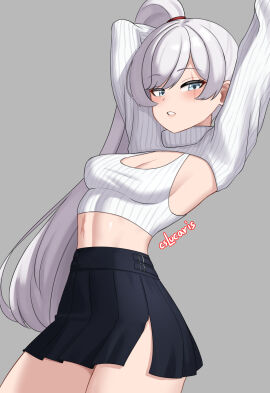 1girls blue_eyes cleavage clothed_female cslucaris female long-haired_female long_hair rwby scar_across_eye scar_on_stomach solo_female stretching weiss_schnee white-haired_female white_hair
