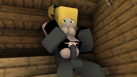 1boy 1girls 3d ass big_ass blonde_hair breasts female foot_up from_behind green_eyes hannah_rose_(morirosemc) looking_pleasured male mine-imator minecraft no_bra no_panties pants pinkechan pussy standing_sex tagme twin_braids vaginal_penetration wet_pussy