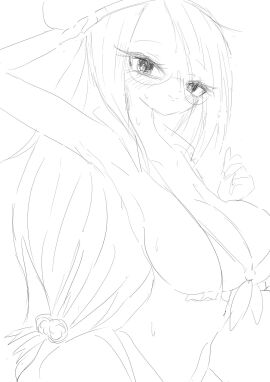 1girls armpits arms_up barely_contained belly belly_button bikini blush breasts collarbone coppermine_(battle_cats) digital_media_(artwork) female galaxy_gals giraffe_one6006 glasses hat huge_breasts large_breasts light_skin looking_at_viewer nyanko_daisensou overflowing_breasts sailor_bikini sailor_hat sideboob smile sweat teenager the_battle_cats