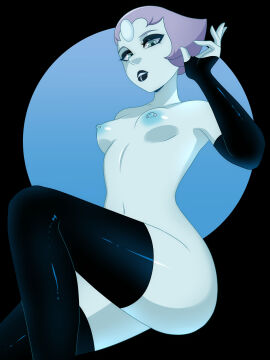 1girls areolae armwear ass black_eyeshadow black_lipstick black_thighhighs breasts cartoon_network choker eyeshadow female female_only fingerless_gloves gem_(species) goth gothified green_eyes hi_res looking_at_viewer lying lying_on_back narrowed_eyes nipple_piercing nipples nude nude_female pearl_(steven_universe) piercing pink_hair ravenemore short_hair solo steven_universe thighhighs white_body