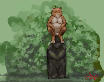 2024 anthro balls belly closed_eyes colored domestic_cat feet felid feline felis fur genitals green_background hi_res jeri_kleinlowe male mammal nude nude_anthro nude_male on_statue orange_body orange_fur outside overweight penis plant red_text sculpture shrub signature simple_background sitting smile solo statue striped_body striped_fur stripes text