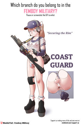 1boy anal_plug androgynous anus barely_clothed boots buttplug catheter chastity_cage chastity_cage_strap chastity_device clothing femboy femboy_military firearm full_body gaping_anus gun human large_nipples male male_only military nimbletail nipples original pale_skin penis platform_boots platform_footwear platform_heels sailor_uniform see-through_clothing see-through_top shotgun small_penis solo solo_male sounding transparent_clothing trap urethral urethral_chastity urethral_insertion urethral_penetration weapon