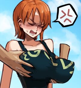 1boy 1girls angry big_breasts blush breasts closed_eyes female grabbing_another's_breast kanbarrn large_breasts long_ring_long_land male nami_(one_piece) nipples_visible_through_shirt one_piece one_piece:_the_giant_mechanical_soldier_of_karakuri_castle open_mouth orange-haired_female orange_hair pre-timeskip
