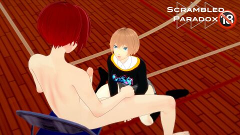 16:9 1boy 1girls 3d big_penis blue_eyes brown_hair clothed_female_nude_male female kneeling koikatsu male megami_tensei motoha_arai nagisa_kamishiro on_knees penis persona persona_5 persona_5:_the_phantom_x red_hair scrambledparadox self_upload short_hair straight