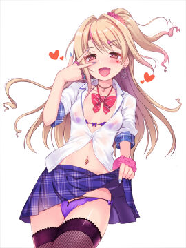 1girls areolae areolae_visible_through_clothing belly_button bimbo bimbofication blonde_hair bow bra bra_down breasts brown_eyes clothed dyed_hair ear_piercing earrings eyeshadow face_tattoo female female_focus fishnets hairclip heart heart-shaped_pupils idolmaster idolmaster_cinderella_girls lifted_by_self long_hair nail_polish navel navel_piercing necklace nipples nipples_visible_through_clothing okuri_banto open_mouth painted_nails panties piercing ponytail purple_panties ribbon ring see-through see-through_clothing shimamura_uzuki side_ponytail simple_background skirt skirt_lift skirt_up solo solo_focus thighhighs thighs transparent_clothing underwear