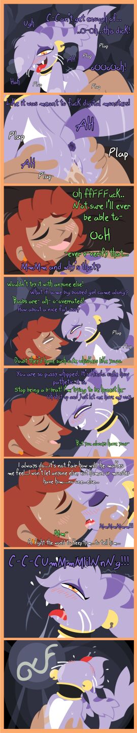 absurd_res anthro bandai_namco bell cave collar comic cowgirl_position digimon duo english_text fakemon fangs felid feline female female_on_top french_kissing from_front_position fur green_eyes hair hi_res human human_on_anthro interspecies jingle_bell kissing larger_male long_image male male/female mammal monster on_bottom on_top orange_eyes parody purple_body purple_fur pussy red_hair sex shane_frost size_difference smaller_female straddling tall_image tan_body teeth text vaginal_penetration whiskers