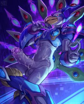 anthro avian balls beak big_penis bird blue_body bodily_fluids capcom crossed_legs cum cum_on_chest cum_on_face cum_on_own_chest cum_on_own_face cum_on_penis cum_on_self cyber_peacock erection foreskin galliform genital_fluids genitals hi_res huge_cock humanoid_genitalia humanoid_penis looking_at_viewer machine male male_only mega_man_(series) mega_man_x_(series) nurinaki peafowl penis phasianid red_eyes robot solo uncircumcised