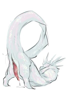 animal_genitalia animal_penis ass bodily_fluids cloaca erection face_not_visible feral genital_fluids genital_slit genitals glossy long_tail male nude penis precum presenting presenting_hindquarters raised_tail reptile scales scalie short_legs simple_background sketchy solo tagme tail tapering_penis unknown_artist unknown_species white_background white_body