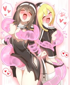 2girls big_breasts blonde_hair blush breasts brown_hair female female_only female_orgasm forced_orgasm long_hair magic multiple_females multiple_girls non_(artist) nun open_mouth original original_character panties pussy pussy_juice spoken_heart sweat tentacle tentacle_sex thighhighs