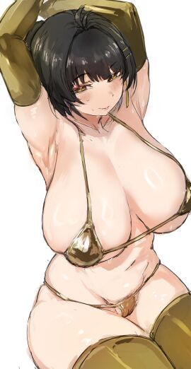 1girls armpits arms_behind_head arms_up big_breasts bikini bikini_bottom bikini_top black_hair breasts dh-zone female female_rover_(wuthering_waves) gold_bikini pubes pubic_hair rover_(wuthering_waves) shiny_skin short_hair sweat swimsuit thighhighs thighs wuthering_waves