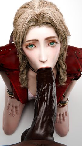 1boy 1girls 3d aerith_gainsborough blowjob bracelet brown_hair cabezadeperro00 caucasian_female dark-skinned_male dark_skin dominance eye_contact fellatio female final_fantasy final_fantasy_vii green_eyes interracial kneeling looking_at_viewer male partial_male penis red_jacket sucking_penis sucking_tip