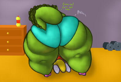 alligator alligatorid anthro ass big_ass big_butt bottomwear clothing crocodilian duo female genitals green_body hi_res huge_ass huge_butt jovi_cap larger_female male original_characters penis rear_view reptile scalie shorts size_difference smaller_male thick_thighs
