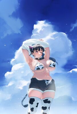 1girls armpits arms_up bikini_top black_hair cloud cow_girl_(riki_unc) cow_print female original riki_(riki_unc) scenery shorts sky tagme