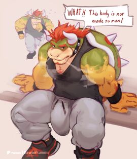 1boy anthro big_bulge body_hair bottomwear bowser breath bulge chest_hair clothed clothing detailed_bulge dialogue erection footwear fully_clothed genital_outline grey_sweatpants hair hi_res horn jogging kawaakumma koopa male male_only mario_(series) muscular muscular_anthro muscular_male nintendo pants penis penis_outline red_hair reptile scales scalie shell shoes sitting sneakers solo speech_bubble spiked_shell spikes spikes_(anatomy) sweatpants text yellow_body yellow_scales