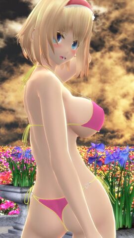 1girls 2023 3d alice_margatroid arm_on_head ass back_view bikini blonde-haired_female blue_eyes breasts clouds female flowers garden hati_yukkuri_mmd headband human jpeg light-skinned_female light_skin looking_at_viewer looking_back_at_viewer mmd open_mouth outdoors pink_bikini short-haired_female shy solo_female solo_focus sunset swimsuit touhou