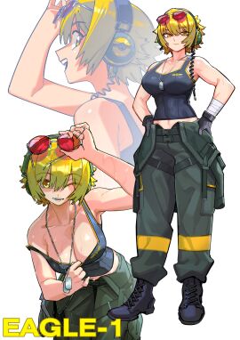 1girls aviator_sunglasses big_breasts blonde_hair boots breasts cleavage cleavage_reach dog_tags eagle-1_(helldivers) female gloves headset helldivers helldivers_2 large_breasts leaning_forward letro looking_at_viewer no_bra overalls overalls_down red-tinted_eyewear short_hair solo strap_slip sunglasses sunglasses_on_head sweat sweaty sweaty_breasts tank_top toned toned_female wink winking_at_viewer yellow_eyes