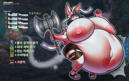 2d 2d_(artwork) anthro anthrofied battle_axe big_belly big_breasts black_hair blush breasts breasts_bigger_than_head eeveelution english_text female female_focus female_only final_fantasy final_fantasy_xiv footwear furry furry_only game_mechanics game_ui hair health_bar hyper hyper_belly hyper_breasts inflated_belly inflation inflation_fetish korean_text mana_bar nipples nsfwtofu original_character pina_(character) pointy_ears pokemon pokemon_(species) rpg screenshot_background status_effect sweat sylveon text thick_thighs user_interface
