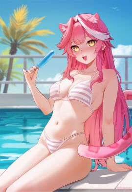 1girls 2024 2d 2d_(artwork) alternate_costume animal_ears animal_tail belly_button bikini bikini_bottom bikini_top blush bra breasts clouds day female female_focus front_view high_resolution highres holding_object holding_popsicle hololive hololive_english hololive_english_-justice- hourglass_figure light-skinned_female light_skin long_hair looking_at_viewer medium_breasts mirowin navel open_mouth outdoors palm_tree panther_ears panther_girl panther_tail pink_bikini pink_bikini_bottom pink_bikini_top pink_hair pink_nails pink_swimsuit pool poolside popsicle raora_panthera revealing_swimsuit sitting sky slim_female smiling smiling_at_viewer solo solo_female solo_focus summer swimsuit thong thong_bikini two_piece_swimsuit virtual_youtuber vtuber vtuberfanart water yellow_eyes young younger_female