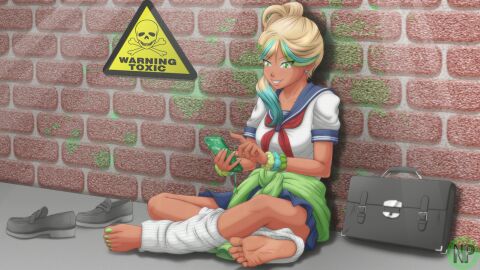 1girls 2021 artist_name artist_signature bag barefoot blonde_hair blue_scrunchie blue_streak brick brick_wall collarbone earrings evil_grin evil_smile eyebrows eyebrows_visible_through_hair eyelashes eyelashes_visible_through_hair eyes_visible_through_hair eyeshadow female foot_fetish gradient_hair green_eyes green_eyeshadow green_hairclip green_jacket green_nail_polish green_nails green_phone green_scrunchie green_streak green_toenail_polish green_toenails grin gyaru hairclip highlights highlights_(coloring) holding holding_phone hoshiko_mizudori jacket jacket_around_waist leg_warmers looking_at_phone multicolored_hair nails nails_painted navy_blue_skirt navy_skirt neckerchief nitropunkarts phone phone_charm polka_dot polka_dot_scrunchie sanpaku screampunkarts_(artist) scrunchie scrunchie_on_wrist serafuku shoes shoes_off shoes_removed short_sleeves signature skirt skull skull_symbol soles solo star star_earrings star_hair_ornament streaked_hair tan_body tan_skin tan_skinned_female teal_hair teal_streak teeth texting toenail_polish toenails warning_sign widescreen wrinkled_feet wrist_scrunchie yandere_simulator