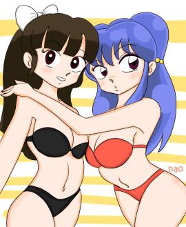 2girls black_bikini blue_hair breasts brown_hair cleavage female female_only lesbian long_hair looking_at_viewer navel ranma_1/2 red_bikini shampoo_(ranma_1/2) strapless_bikini tagme ukyo_kuonji