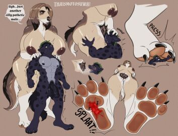 afghan_hound anthro big_breasts blood_on_foot blush breasts canid canine canis crush crushed_micros cunnilingus domestic_dog dominant dominant_female duo elena_hound_(thaismotosuwa) female foot_crush genitals gore guro hand_on_head hands_on_shoulders hi_res huge_breasts humiliation hunting_dog hyena larger_female leg_grab looming_over male male/female mammal muscular muscular_male oral penis pubes pussy scamp_(the_mortician) sex shrinking sighthound size_difference size_transformation smaller_male speech_bubble stepped_on submissive submissive_male thaismotosuwa thick_thighs transformation vaginal_penetration vein veiny_penis