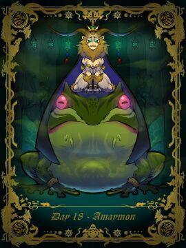 abs absurd_res amaymon_(goetia) ambiguous_gender amphibian animal_ears animal_humanoid ars_goetia bangboodoragon big_breasts blue_cape blue_clothing bracelet breasts brown_body brown_eyes brown_fur brown_horn cape claws clothing crown demon demon_humanoid duo eyelashes felid felid_humanoid female feral frog front_view fur green_background green_body green_eyes green_sclera grey_claws headgear hi_res horizontal_pupils horn horned_humanoid humanoid jewelry kneeling lesser_key_of_solomon lion_humanoid looking_at_viewer mammal mammal_humanoid muscular muscular_female navel nipple_covers pantherine pantherine_humanoid pasties pink_sclera pupils sharp_teeth simple_background studded_bracelet studded_jewelry studs tan_body tan_skin teeth text toad_(frog)