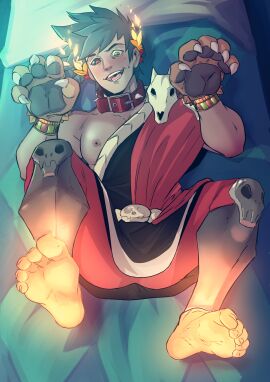 1boy booty_electric clothed feet foot_fetish foot_focus gay hades_(game) heterochromia human lying lying_on_back lying_on_bed male male_only nipples paw_gloves pecs yaoi zagreus