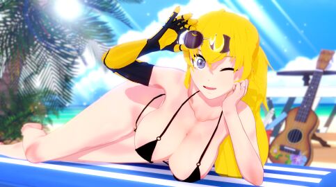 1girls beach beach_towel bikini bikini_top blonde_female blonde_hair dramatic_love female ponytail purple_eyes robotic_arm rwby solo_female sunglasses sunglasses_on_head winking winking_at_viewer yang_xiao_long