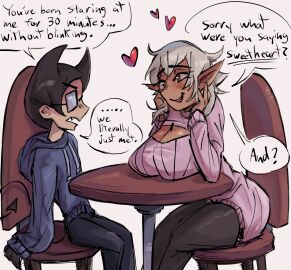 big_breasts black_hair breast_rest breasts chair de-chan_(lolicept) female glasses leaning_forward pantyhose simple_background sweater table tagme techno_(technodraws) technodraws white_hair yellow_eyes