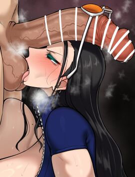 balls big_balls big_breasts big_penis blush busty female glasses gorio huge_cock kneeling large_penis licking licking_balls licking_testicles male mature_female monkey_d_luffy nico_robin one_piece tongue tongue_out veiny_penis