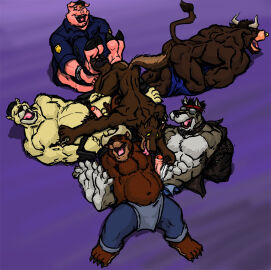 2017 2_horns 4_toes 5_fingers abs accessory anthro armpit_fetish armpit_lick armpit_play ass badge balls barefoot bear beard belly belt biped black_belt black_hair black_nose black_pawpads blonde_hair blue_bottomwear blue_clothing blue_pants blue_shirt blue_topwear bobo_(ticklepig) bottomwear bovid bovine brown_body brown_fur canid canine canis cattle claws closed_eyes clothed clothing collared_shirt cuff_(restraint) domestic_pig dominant dominant_anthro dominant_male dominic_(ticklepig) eyewear facial_hair facial_piercing feet fingers flash_(ticklepig) fluffy fluffy_tail foot_fetish fur fur_tuft genitals grey_body grey_fur group hair hands_behind_back hat headband headgear headwear holding_feather holding_object hooves horn humanoid_feet humanoid_genitalia humanoid_penis jacket kctk konnor_(ticklepig) laugh licking loose_feather lying lying_on_another male male/male mammal muscular muscular_anthro muscular_male navel nicko_(ticklepig) nose_piercing nose_ring on_back open_mouth open_smile pants pawpads penis piercing pig pig_nose pink_body pink_skin plantigrade polar_bear purple_background red_headband restrained restrained_arms restrained_legs restraints ring_piercing security security_guard security_uniform shirt simple_background sitting smile snout soles submissive submissive_anthro submissive_male suid suina sunglasses sunglasses_on_face sus_(pig) tail tail_tickle tail_tuft teeth tickle_fetish tickle_pig tickle_torture tickling tickling_armpits tickling_belly tickling_butt tickling_feet tickling_genitalia tickling_penis tickling_sides toe_claws toes tongue tongue_out topwear tuft ursine white_body white_fur wolf yellow_sclera