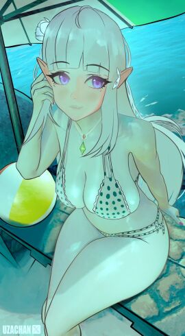 1girls 2025 3d 3d_(artwork) areolae big_breasts bikini bikini_top blender breasts cleavage curvaceous curves curvy curvy_body curvy_female curvy_figure curvy_hips emilia_(re:zero) female female_focus female_only hi_res highres light-skinned_female light_skin long_hair nipples panties photoshop pose posing purple_eyes re:zero_kara_hajimeru_isekai_seikatsu showing_off sitting solo solo_female thick_thighs umbrella uzachan watermark white_hair