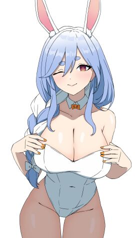 1girls alternate_costume anime_nose bent_forward blue_hair blush braid breasts bunny-shaped_pupils bunny_ears bunny_girl bunny_suit bunnysuit circle_eyebrows cleavage clothed clothing dayyo_(daydarion/day-chan) dot_nose female front_view hololive hololive_fantasy hololive_japan holomilfs hourglass_figure huge_breasts kemonomimi large_breasts leotard light-skinned_female light_blue_hair light_skin mature_female milf one_eye_closed orange_eye orange_nails pekomama pelvic_lines simple_background single_braid slim_waist solid_color_background solo standing symbol-shaped_pupil thick_eyebrows thick_thighs thigh_gap two-tone_hair variant virtual_youtuber white_background white_clothing white_hair white_leotard wide_hips wink