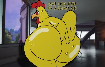 2025 absurd_res anal anthro ass autopenetration avian beak big_butt bird black_eyes bodily_fluids bubble_butt butt_digging butt_focus chicken curvy_figure dialogue digging_into_butt digital_media_(artwork) english_text epic_games ernie_the_giant_chicken family_guy feathers fortnite fortnite:_battle_royale galliform hand_in_butt hi_res huge_butt male masturbation motion_lines overweight penetration phasianid rear_view scratching_butt solo sweat sweaty_butt tail text vandoughy worried worried_look yellow_body yellow_feathers