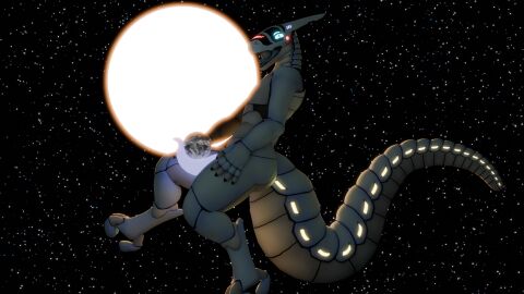 anthro earth genitals glowing glowing_genitalia glowing_penis hand_on_leg hand_on_thigh hi_res male moon object_vore penis planet planet_dwarfing planet_in_mouth planet_vore prehensile_penis protoeve solo space synth_(vader-san) vore