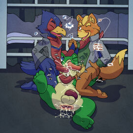 3boys after_anal after_sex amphibian anthro anus argon_vile ass ass_to_mouth avian balls baseball_cap beak blue_body blue_eyes blue_feathers blush bodily_fluids bottomless bottomless_male brown_eyes canid canine clothed clothing cum cum_in_ass cum_in_mouth cum_inside cum_on_belly cum_on_body dialogue double_oral english_text erection falco_lombardi feathers flaccid fluffy_balls fox fox_mccloud frog fur gaping gaping_anus gay genital_fluids genitals green_body group group_sex hat headgear headwear hi_res jacket kerchief kneeling lying male male/male mammal neckerchief nintendo on_back open_clothing open_jacket open_topwear oral orange_body orange_fur orgasm partially_clothed penis pubes sex slippy_toad speech_bubble star_fox sweat text threesome topwear trio yellow_beak