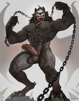 abs anthro areola bara black_body bone canid canine canis chained chains claws deaddragonp erection fangs genitals hi_res inner_ear_fluff long_tongue looking_at_viewer male mammal masculine_male monster muscular muscular_anthro muscular_arms muscular_legs muscular_male muscular_thighs nipples nude obliques open_mouth penis serratus sharp_teeth skull skull_head smile solo teeth thick_arms thick_penis thick_thighs toe_claws tongue tongue_out tuft vein veiny_penis wolf yaoi