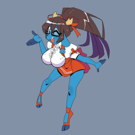 anna_miller big_breasts blue_fur bow breasts brown_hair deer deer_girl female furry furry_female glasses hooves horns lemuzaurio serbi_chan_(editorsebas) smiling waitress winking