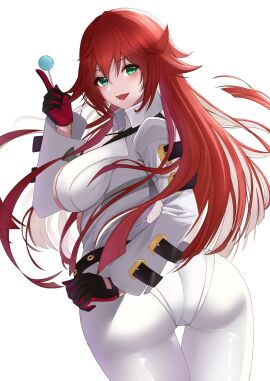 ass belt candy female food from_behind green_eyes guilty_gear guilty_gear_strive highres huge_ass jack-o'_valentine lollipop looking_back mature_female messy_hair red_hair solo thigh_gap white_hair wide_hips