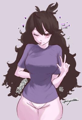 1girls asexual asexual_pride_colors brown_hair female heart jaiden jaiden_animations jaiden_dittfach jaidenanimations kyumini looking_at_viewer pajamas_challenge pajamas_challenge_(meme) pajamas_pull panties peace_sign shirt_tighten_meme smirking solo t-shirt/pajamas_challenge text tight_clothing wink youtube youtuber