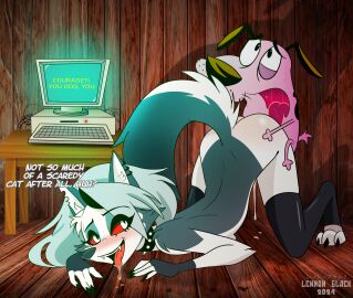 3_toes 4_fingers ambiguous_penetration anthro ass ass_up beagle blush bodily_fluids body_blush breasts butt_blush canid canid_demon canine canis cartoon_network claws collar computer computer_(courage_the_cowardly_dog) courage_the_cowardly_dog courage_the_cowardly_dog_(character) crossover_pairing demon dialogue digitigrade doggy_style domestic_dog drooling duo ear_piercing ear_ring electronics english_text eye_through_hair feet female fingers from_behind_position furniture hair hellhound helluva_boss hi_res hunting_dog lennonblack looking_pleasured loona_(helluva_boss) male male/female mammal mythological_canine mythological_creature mythology penetration piercing red_sclera ring_piercing saliva scent_hound sex spiked_collar spikes sweat table text toe_claws toeless_legwear toeless_stockings toes tongue tongue_out translucent translucent_hair white_eyes