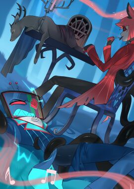 2024 alastor_(hazbin_hotel) anal anal_sex antlers artist_request claws dead_animal deer deer_humanoid demon demon_boy eating gay hazbin_hotel humanoid male penis tentacle vox_(hazbin_hotel)