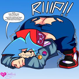 1boy ass big_ass big_butt bisexual_pride_colors blue_hair boyfriend_(friday_night_funkin) chubby_male collaboration fat_ass fat_butt femboy friday_night_funkin fully_clothed hat hexdoodz huge_ass huge_butt jack-o_pose looking_at_viewer male male_only ripped_clothing ripped_pants solo sweat sweating talking_to_viewer text text_bubble thick_ass thick_butt