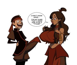 1boy 1girls aang aang_(kuzon) air_nomad avatar_legends avatar_the_last_airbender bimbo_lip breasts dark-skinned_female dark_skin english_text erect_nipples_under_clothes erection erection_under_clothes female fully_clothed horny horny_male huge_breasts huge_cock imminent_paizuri imminent_titfuck interracial john_coffe katara large_breasts light-skinned_male light_skin male penis speech_bubble text the_avatar water_tribe