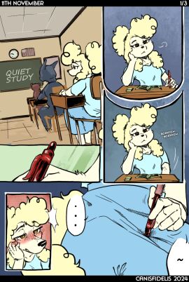 2024 abby_(canisfidelis) anthro biped black_bars black_nose blush bottomwear breasts canid canine canis canisfidelis chair classroom clothed clothing domestic_dog ellipsis eyebrows female floppy_ears fluffy fluffy_ears fluffy_hair fluffy_tail furniture group hair half-closed_eyes hi_res holding_object holding_pen improvised_sex_toy letterbox looking_down looking_pleasured male mammal masturbation meme narrowed_eyes no_nut_november on_chair pen ponytail poodle public_masturbation pussy school shirt sitting sitting_on_chair skirt small_breasts solo stealth_masturbation tail through_clothing topwear trio vaginal_masturbation vaginal_penetration white_body white_hair