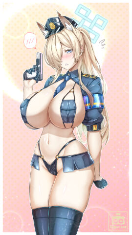 alternate_costume animal_ears bikini black_gloves blonde_hair blue_archive blue_eyes blue_necktie blush breasts cigar_cat cleavage cowboy_shot female flying_sweatdrops garrison_cap gloves gun hair_between_eyes hair_over_one_eye half_gloves handgun hat highres holding holding_gun holding_weapon kanna_(blue_archive) large_breasts long_hair looking_at_viewer navel necktie ponytail shirt short_sleeves shrug_(clothing) skindentation skirt solo speech_bubble spoken_blush standing stomach swimsuit thick_thighs thighhighs thighs very_long_hair weapon