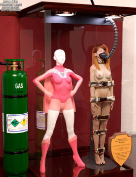 1girls 3d atom_eve bound bound_arms bound_legs completely_nude female female_only full_body invincible mannequin nude nude_female red_hair redhead solo superheroine thejpeger trophy_case unconscious unconscious_female