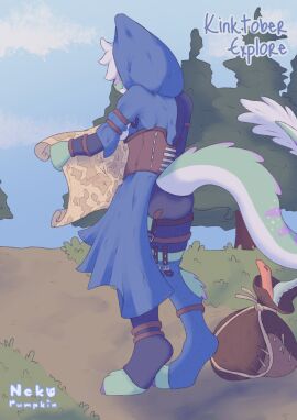 absurd_res anthro ass bag breasts cloak clothing corset dildo female forest green_body hi_res hood_up kobold lingerie map nekopumpkin pebble_(nekopumpkin) plant raised_tail scalie sex_toy side_boob solo tail topwear tree white_body