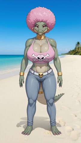afro ai ai_generated beach beach_background big_breasts breasts character_design cleavage crocodile crocodilian donkey_kong_(series) female furry gold gold_jewelry high_quality jeans jewelry kalypso kremling nintendo pink_hair reptile smile standing tank_top thick_thighs wide_hips